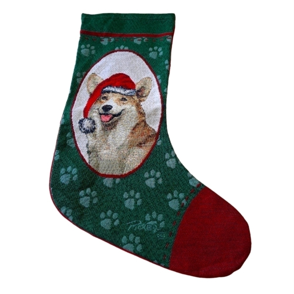LINDA PICKEN TAPESTRY Christmas stocking CORGI dog New without tags HANG loop